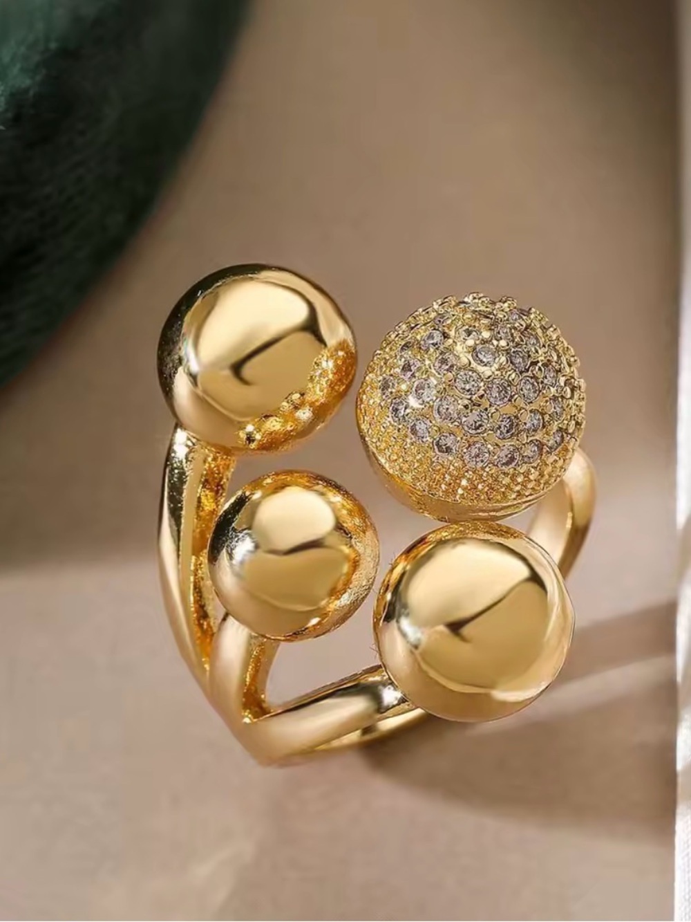 Gold Tone Multi-Ball Cocktail Ring with Pavé Accent